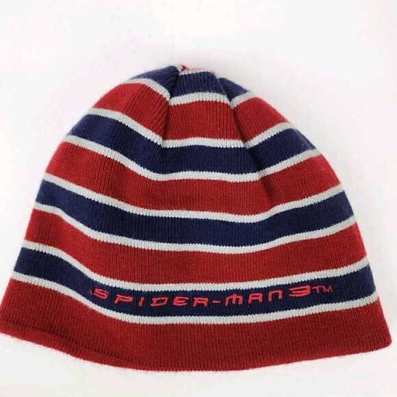 Marvel Spiderman Reversible Winter Beanie Hat Burgundy Red/Navy Striped One Size - Picture 3 of 7